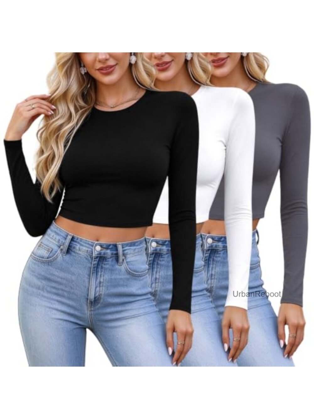Women's Slim Long Sleeve Crew Neck Cropped T-Shirt Stretch Layering Top